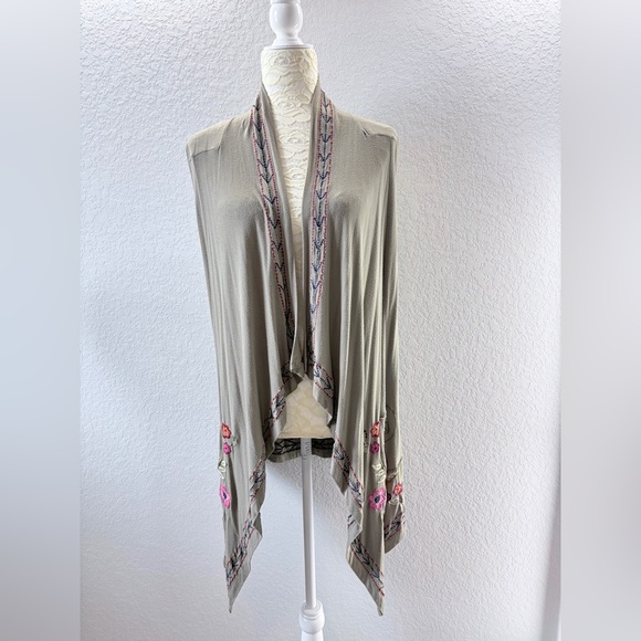 Caite / Athleta Floral Embroidered Open Front Olive Green Cardigan Vest Medium - Picture 4 of 8